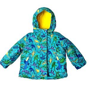 Cat & Jack Winter Puffer w/ Hood & Fleece Liner Jacket 12m Blue Yellow Dinosaur